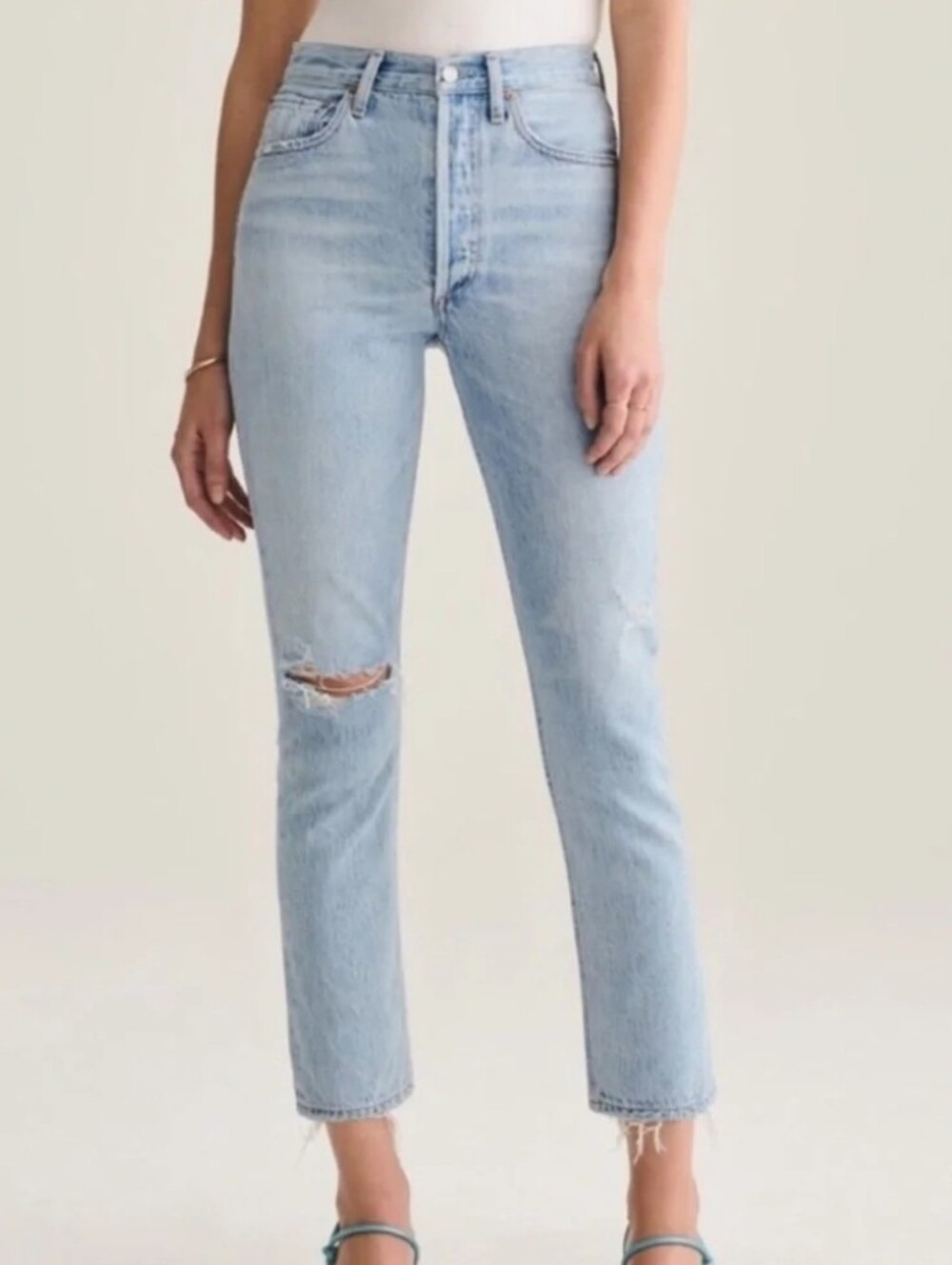 Agolde Sz 24 Blue Riley High Rise Distressed Straight Crop 26" Inseam Button Fly